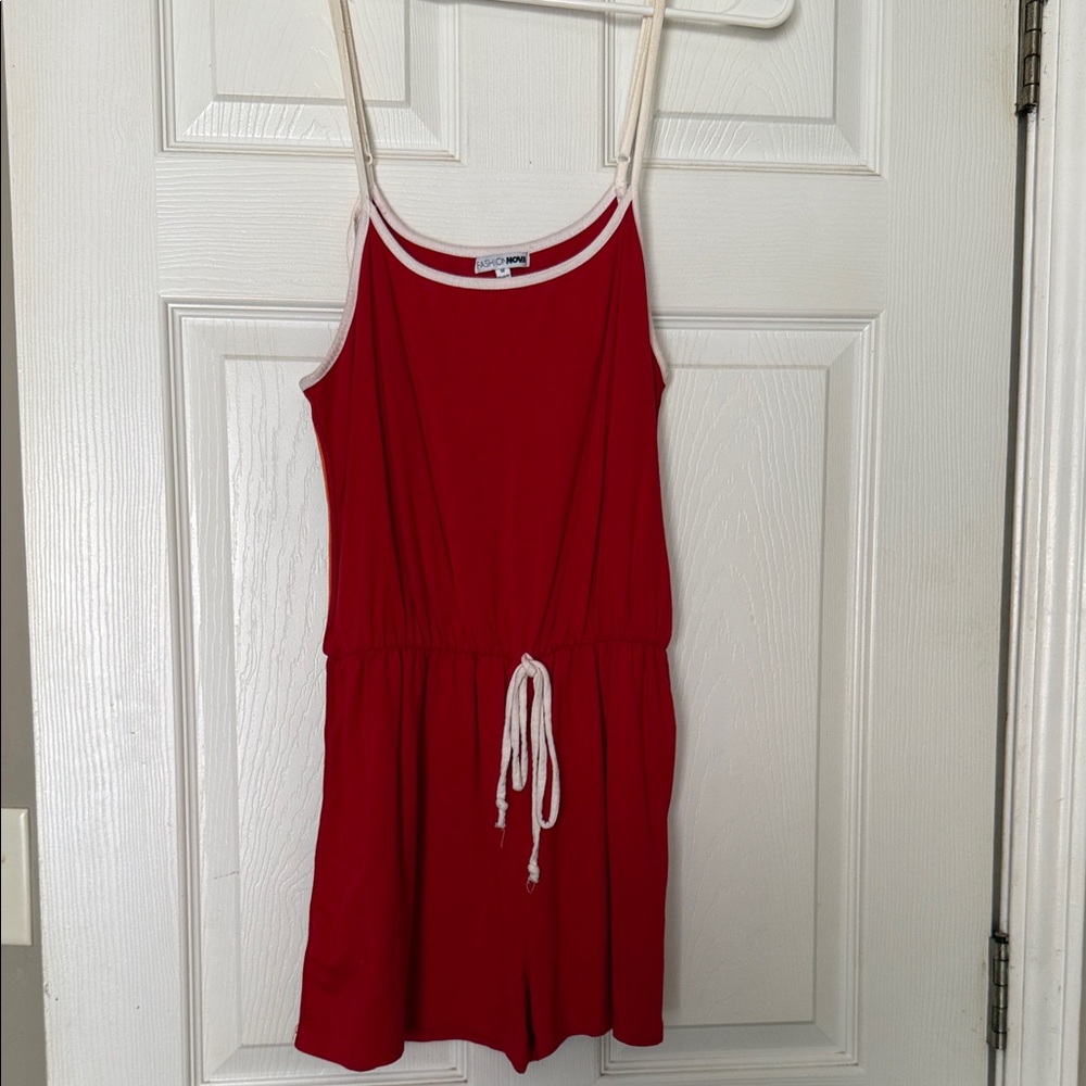 Red Romper with Rainbow Trim